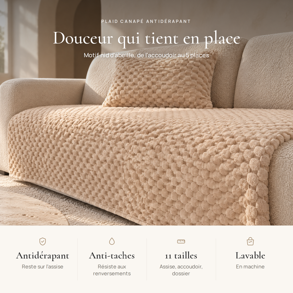 Avantages du plaid canapé antidérapant : dessous antidérapant, nid d'abeille, 11 tailles, lavable