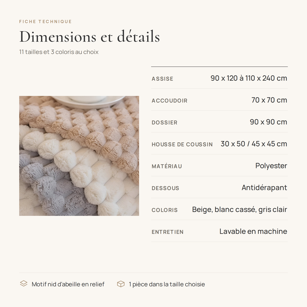Fiche technique du plaid canapé antidérapant : 11 tailles, polyester, dessous antidérapant