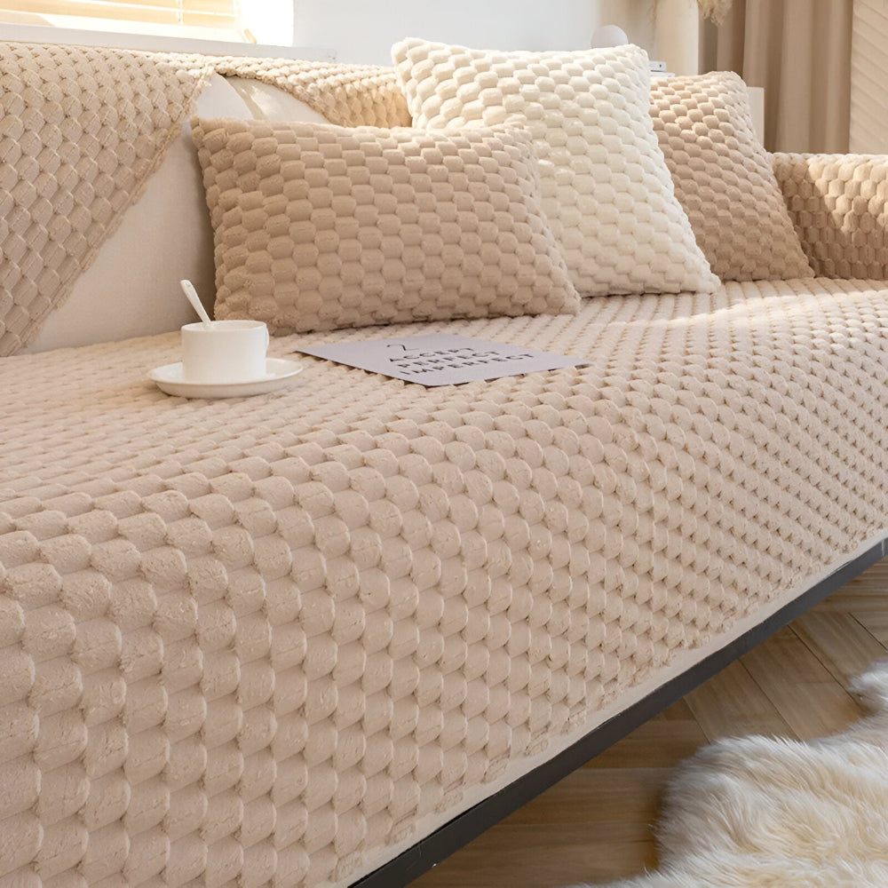 Plaid canapé nid d'abeille beige avec housse de coussin assortie