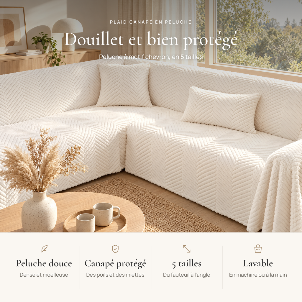 Avantages du plaid canapé : peluche douce, canapé protégé, 5 tailles, lavable