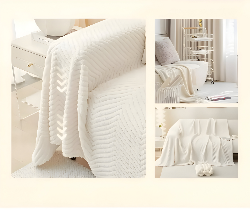 Collage du plaid blanc sur l'accoudoir et dans différentes pièces