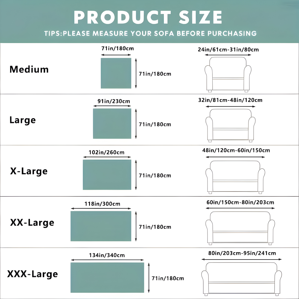 Guide des tailles du plaid de 180 x 180 à 180 x 340 cm selon la largeur du canapé