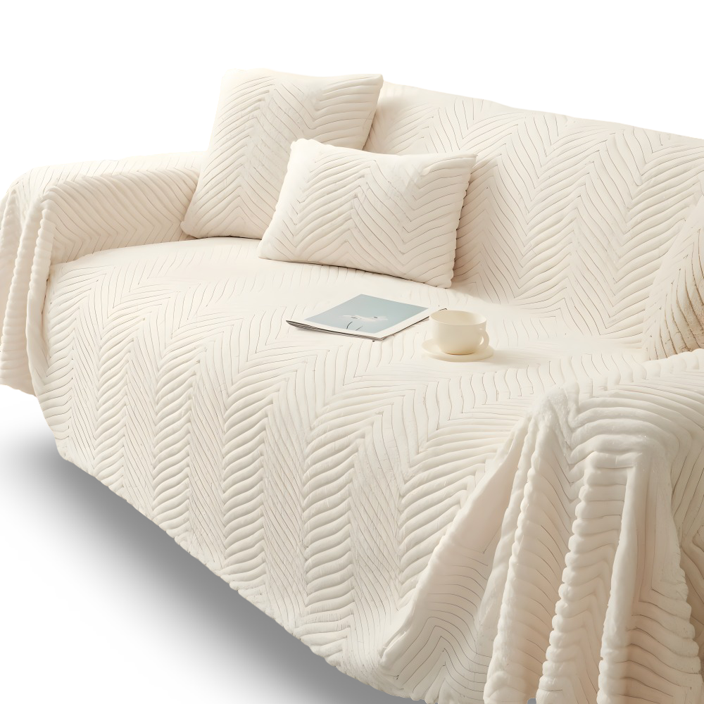 Plaid canapé blanc à motif chevron sur fond blanc