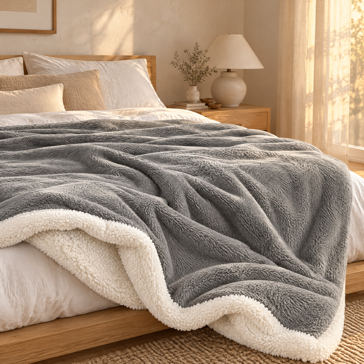 Plaid gris double couche étendu au pied d'un lit en chêne, chambre baignée de soleil