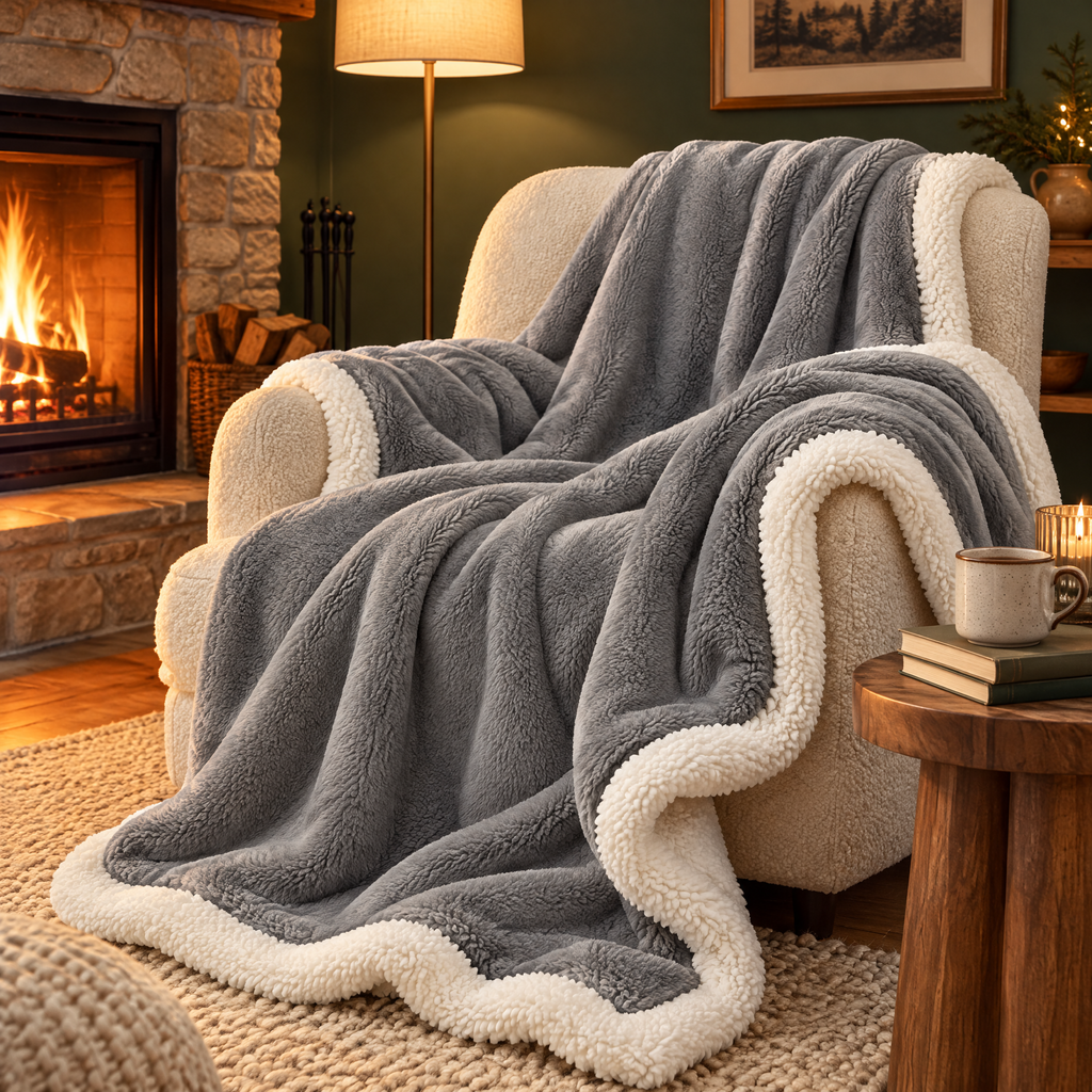 Plaid gris effet peau de mouton drapé sur un fauteuil près d'une cheminée le soir
