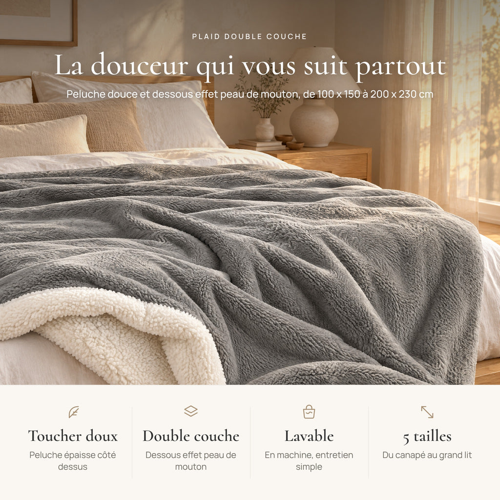 Avantages du plaid double couche : toucher doux, dessous effet peau de mouton, lavable, 5 tailles