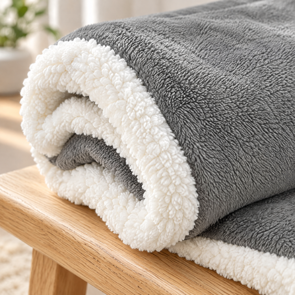 Gros plan sur la peluche grise et le dessous blanc effet peau de mouton du plaid