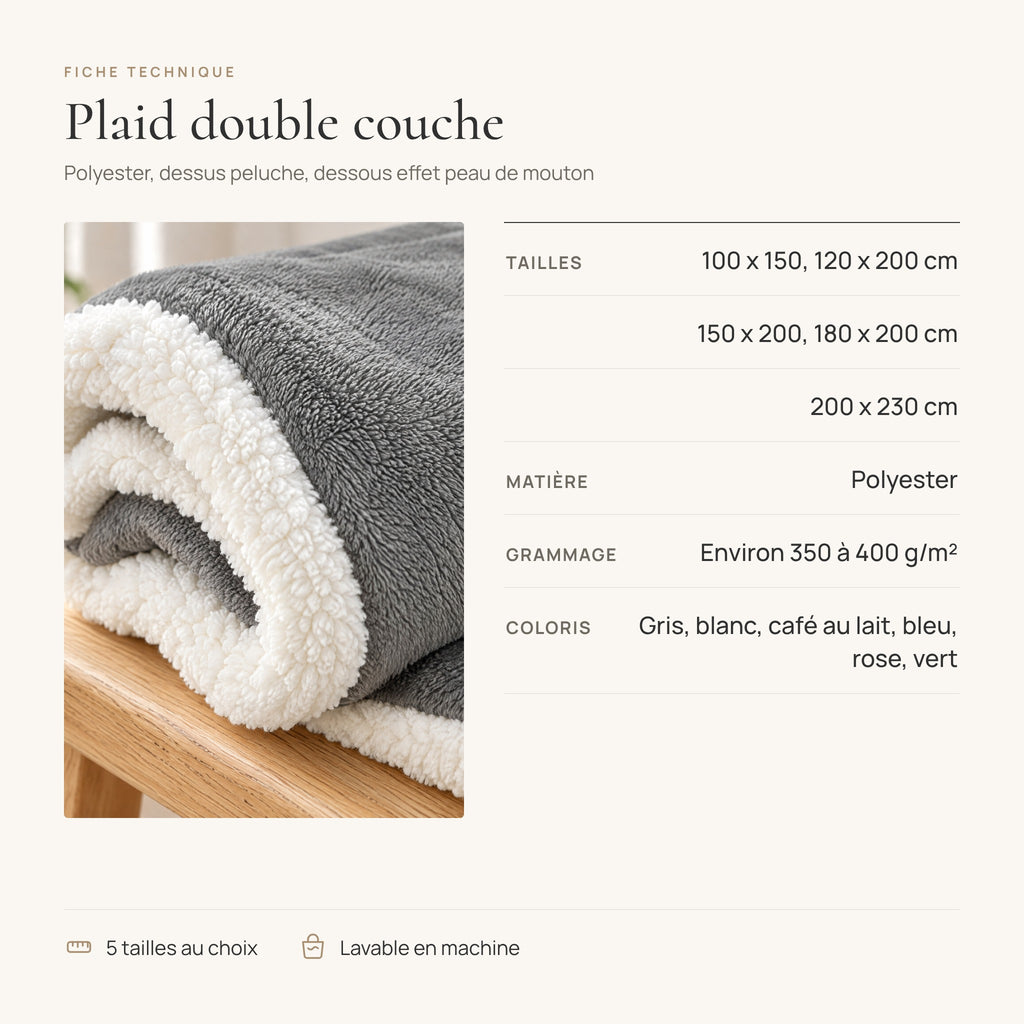Fiche technique du plaid : 5 tailles de 100 x 150 à 200 x 230 cm, polyester, 6 coloris