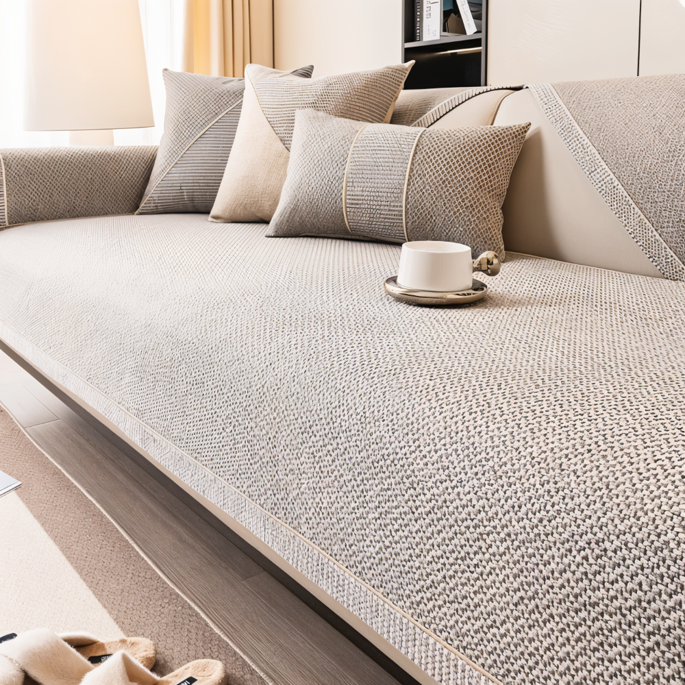 Protège canapé tissé greige avec coussins assortis