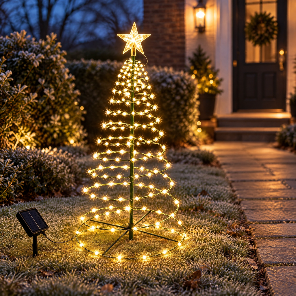 Sapin lumineux extérieur à spirale blanc chaud avec étoile et panneau solaire dans un jardin, près de l'allée vers la porte d'entrée