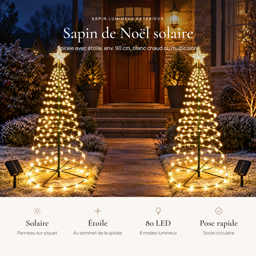 Avantages du sapin lumineux extérieur : solaire, étoile au sommet, 80 LED et 8 modes lumineux, pose rapide