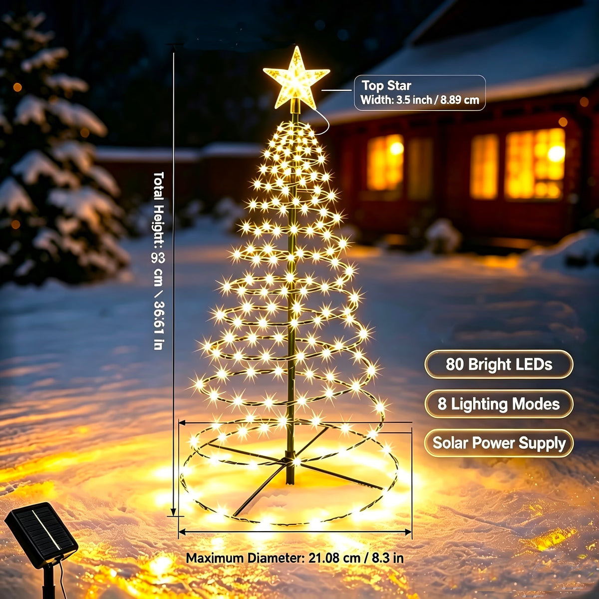 Sapin lumineux à spirale blanc chaud dans la neige avec indications de hauteur, d'étoile, de LED et de modes lumineux