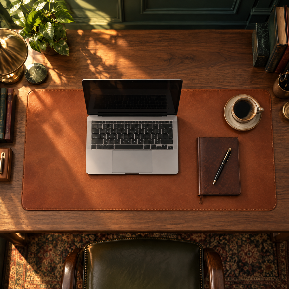 Sous-main bureau marron vu de dessus avec ordinateur portable, carnet et café