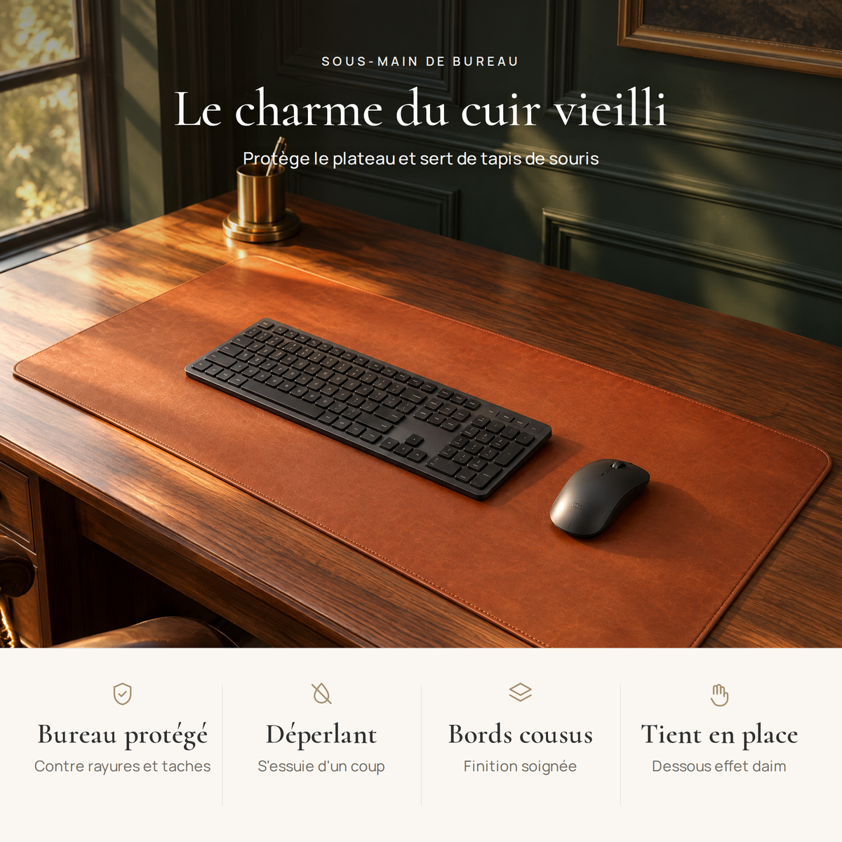 Avantages du sous-main bureau : protège le plateau, déperlant, bords cousus, dessous effet daim