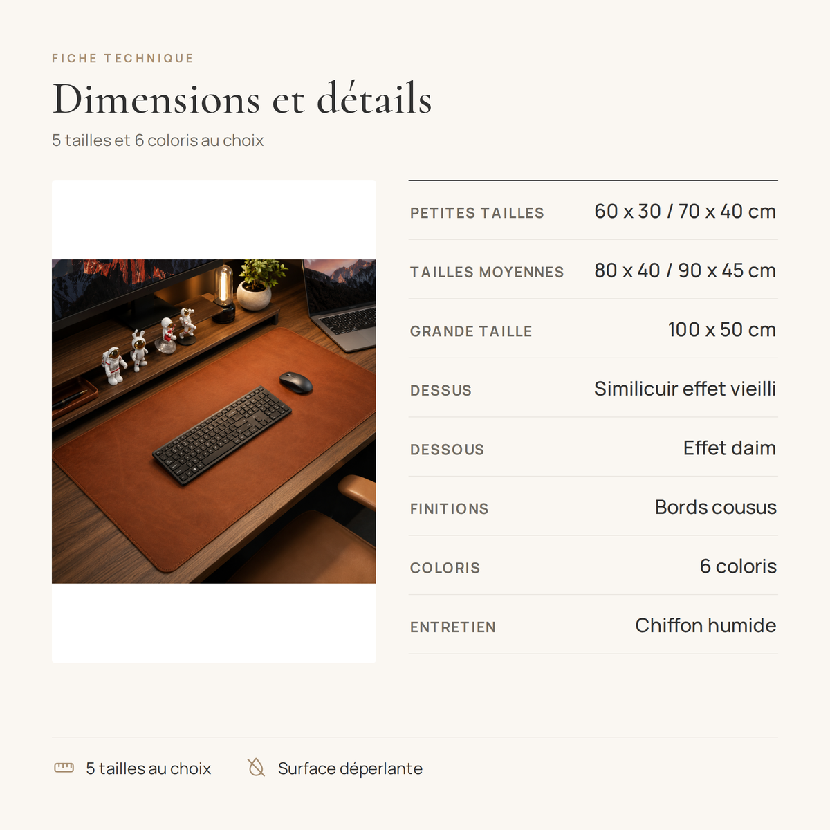 Fiche technique du sous-main bureau : 5 tailles de 60 x 30 à 100 x 50 cm, similicuir