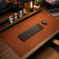 Sous-main bureau marron effet cuir vieilli avec clavier et souris