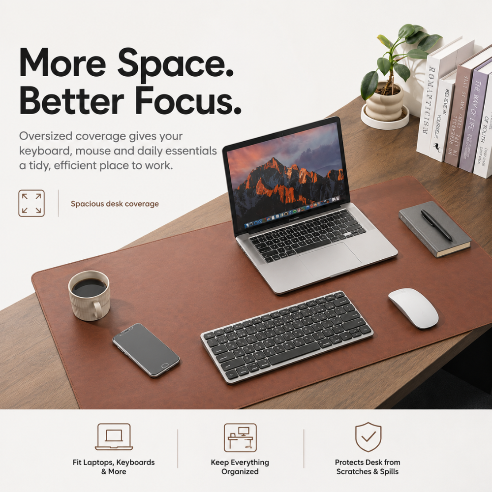 Sous-main bureau marron avec ordinateur portable, clavier et tasse