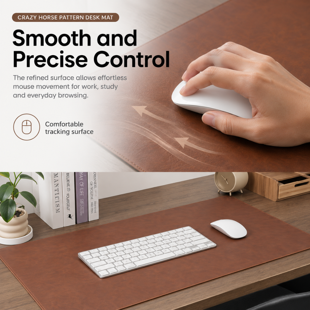 Souris glissant sur la surface du sous-main bureau effet cuir vieilli