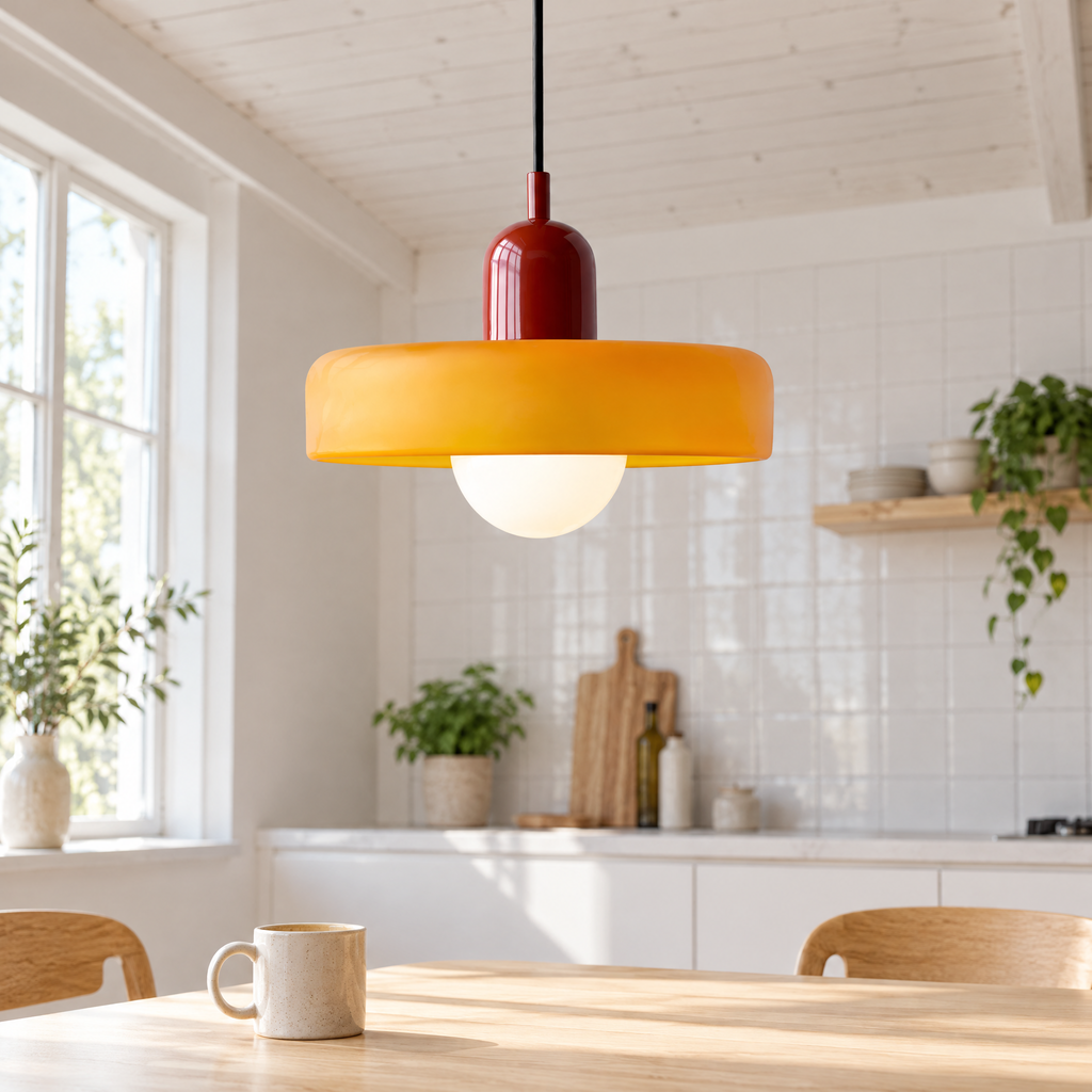 Suspension luminaire en verre coloré jaune et monture bordeaux au-dessus d'une table en bouleau