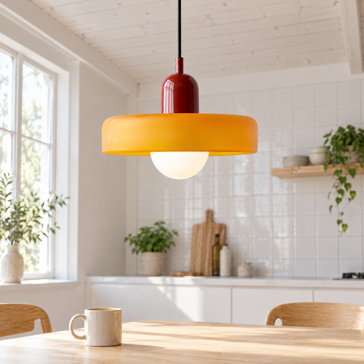 Suspension luminaire en verre coloré jaune et monture bordeaux au-dessus d'une table en bouleau
