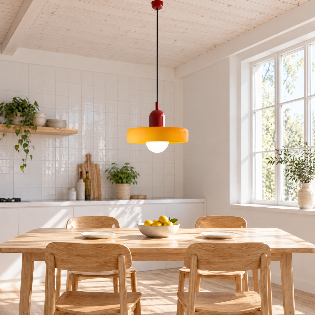 Suspension en verre coloré jaune allumée dans une cuisine scandinave lumineuse