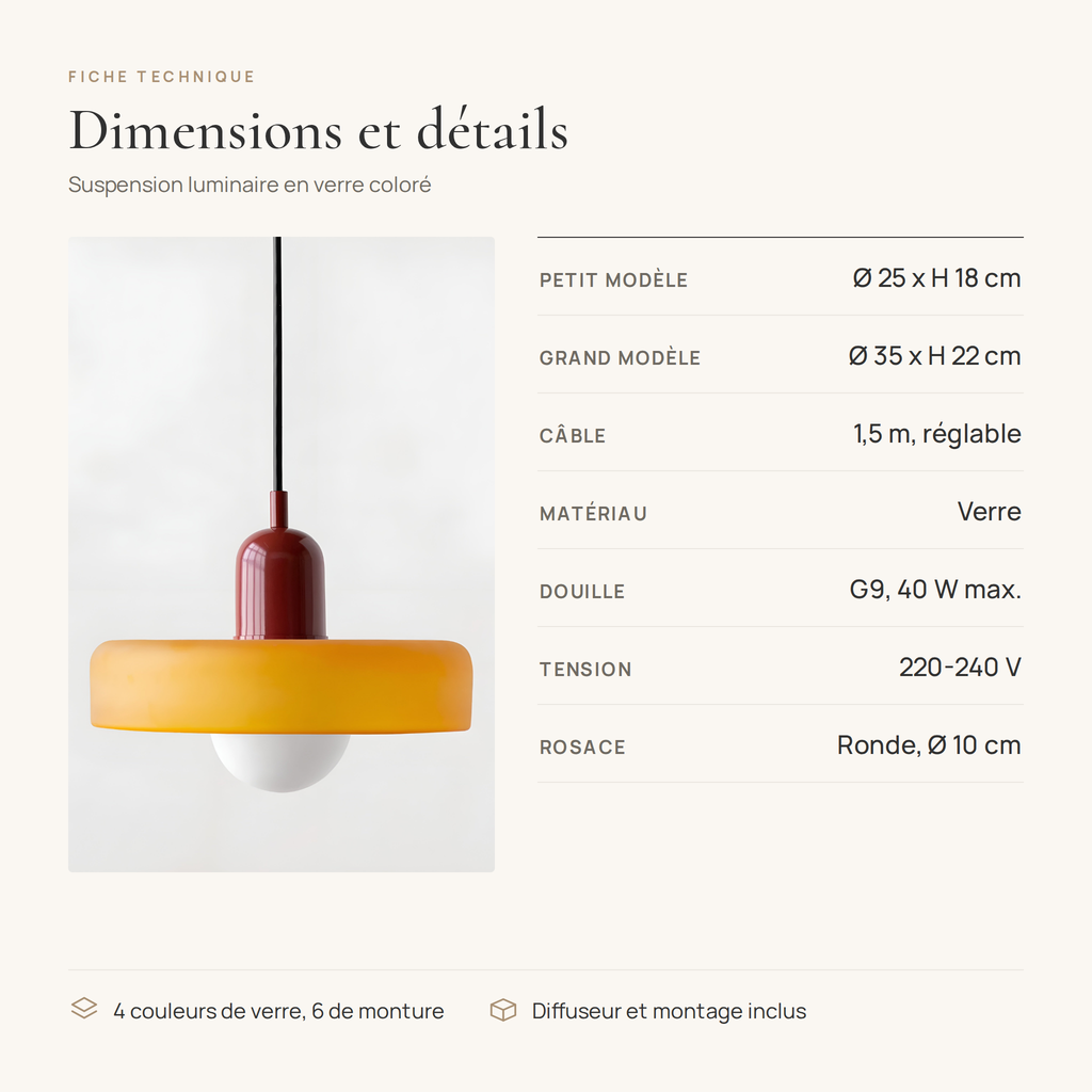 Fiche technique de la suspension en verre coloré : Ø 25 ou 35 cm, câble 1,5 m, douille G9