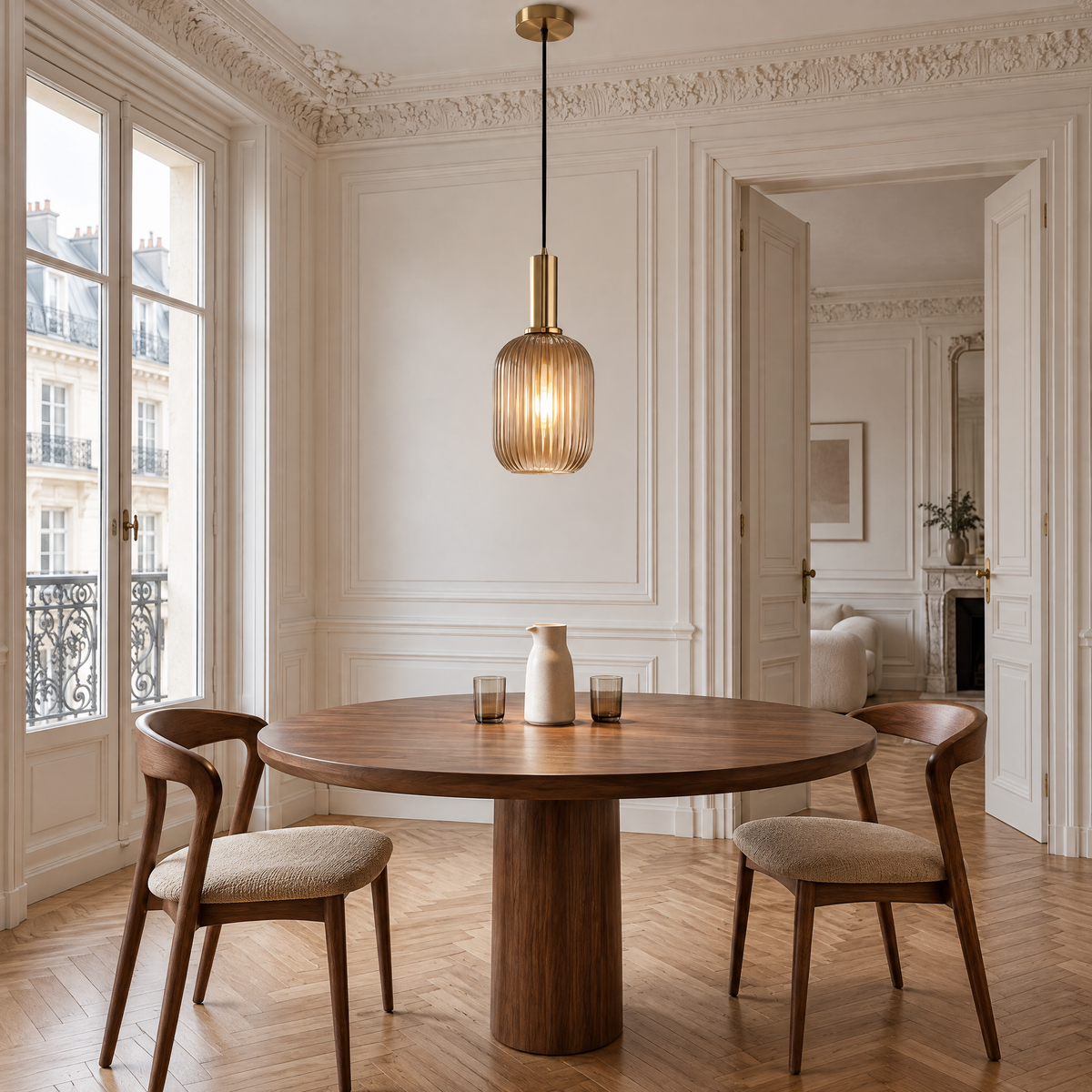 Suspension luminaire en verre strié allumée dans une salle à manger haussmannienne