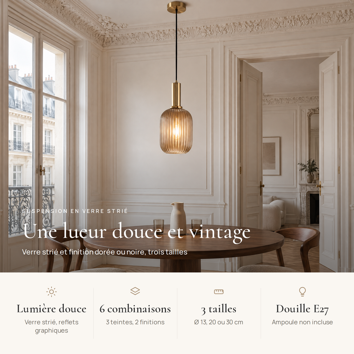 Avantages de la suspension en verre strié : lumière douce, 6 combinaisons, 3 tailles, douille E27