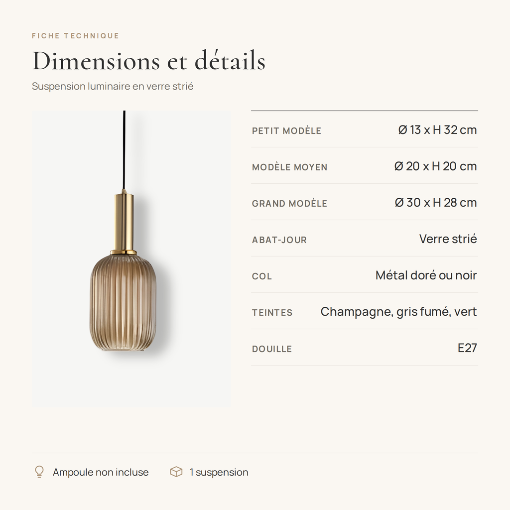 Fiche technique de la suspension luminaire : Ø 13, 20 ou 30 cm, verre et métal, douille E27