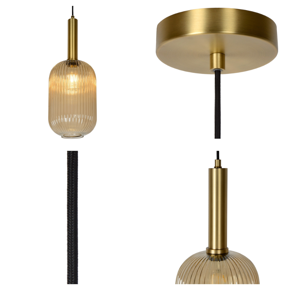 Rosace de plafond dorée, câble et col de la suspension en verre strié