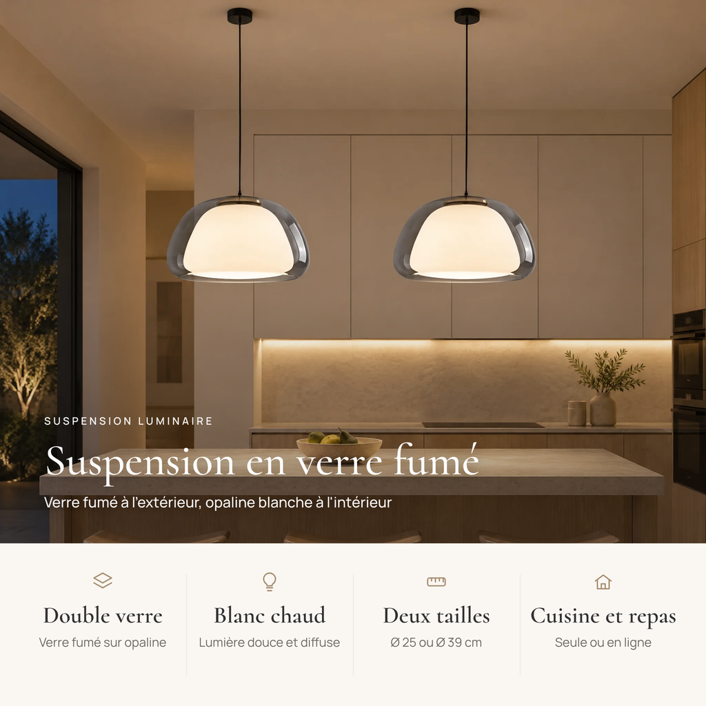 Avantages de la suspension luminaire : double verre fumé et opaline, blanc chaud, Ø 25 ou 39 cm, cuisine et salle à manger