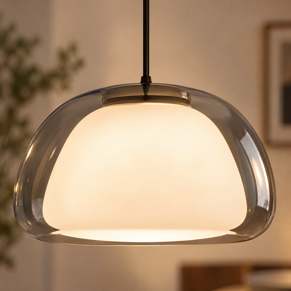 Gros plan sur la suspension : verre fumé gris sur opaline blanche allumée
