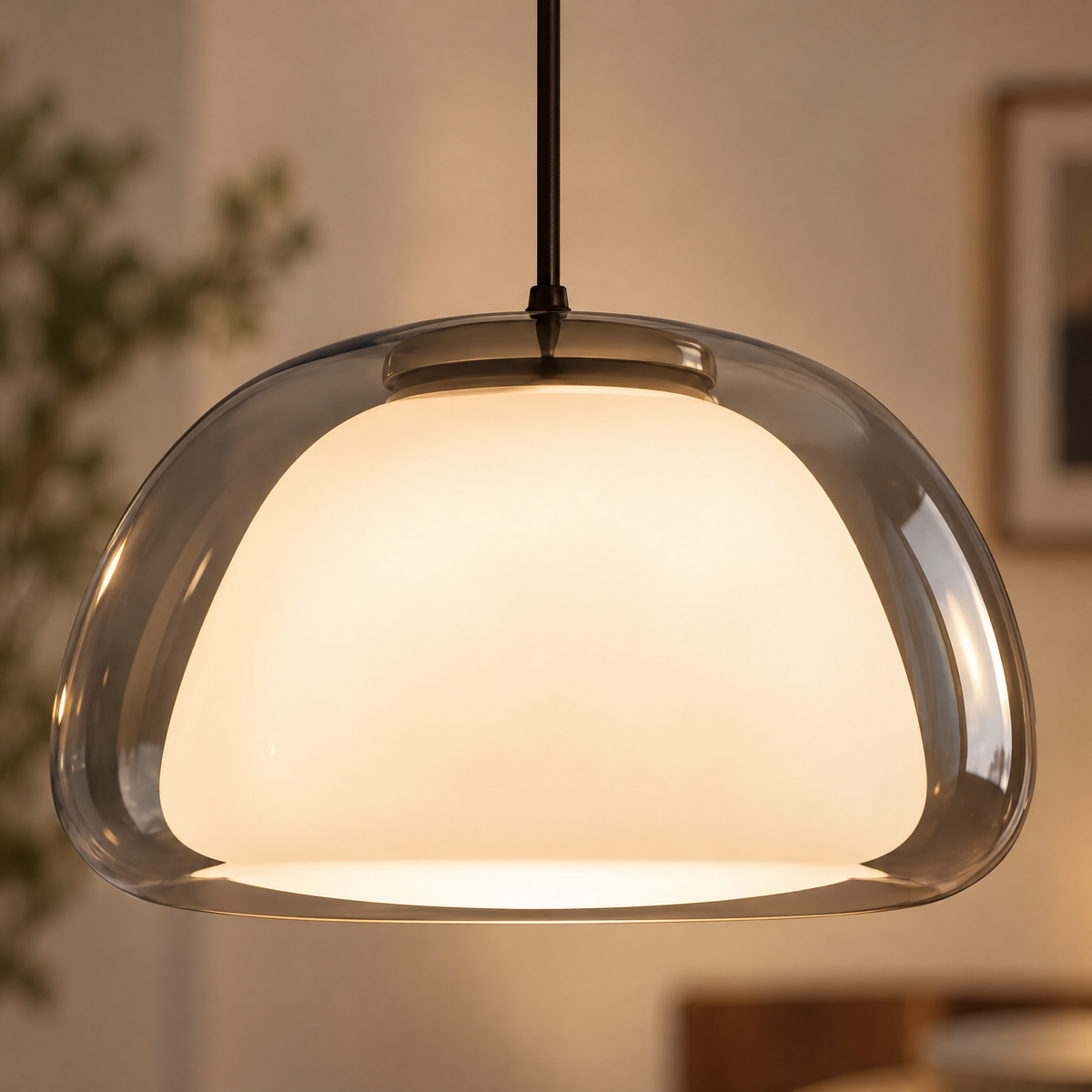 Gros plan sur la suspension : verre fumé gris sur opaline blanche allumée