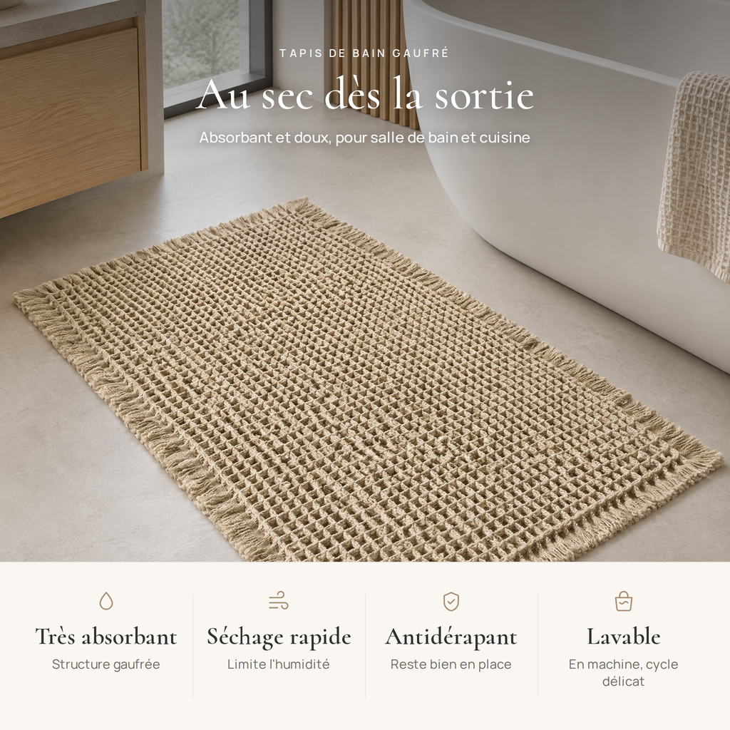 Avantages du tapis de bain gaufré : absorbant, séchage rapide, antidérapant, lavable