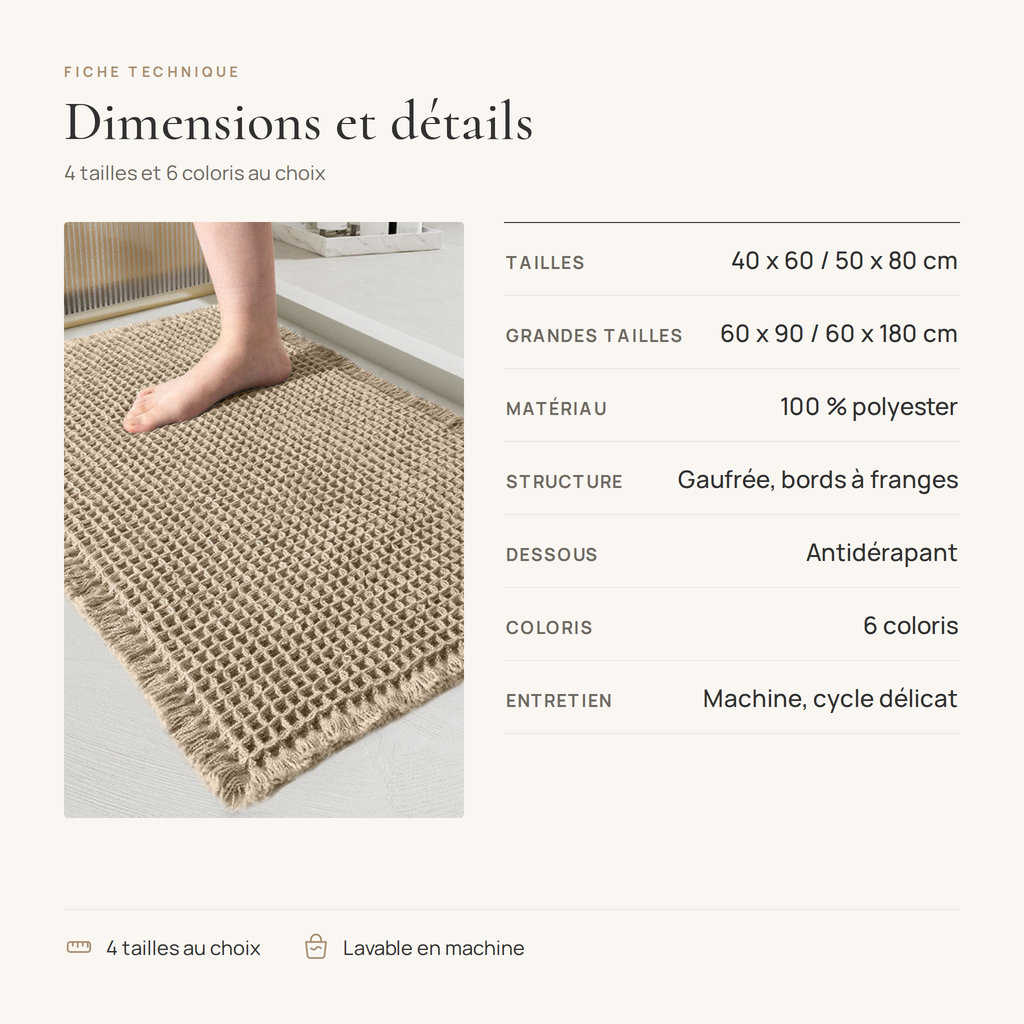Fiche technique du tapis de bain gaufré : 4 tailles, 100 % polyester