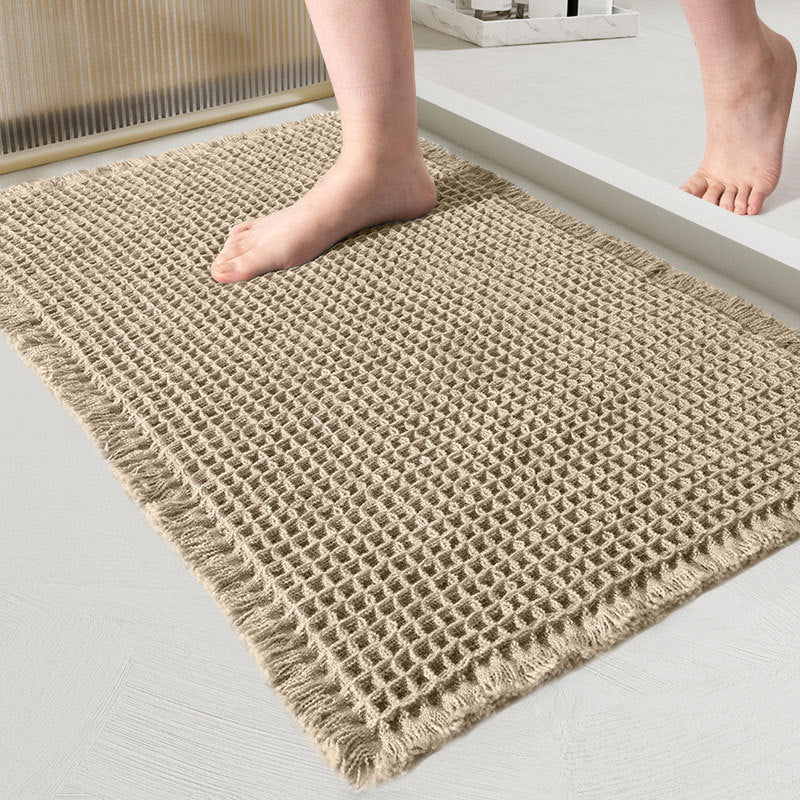 Tapis de bain gaufré kaki à franges