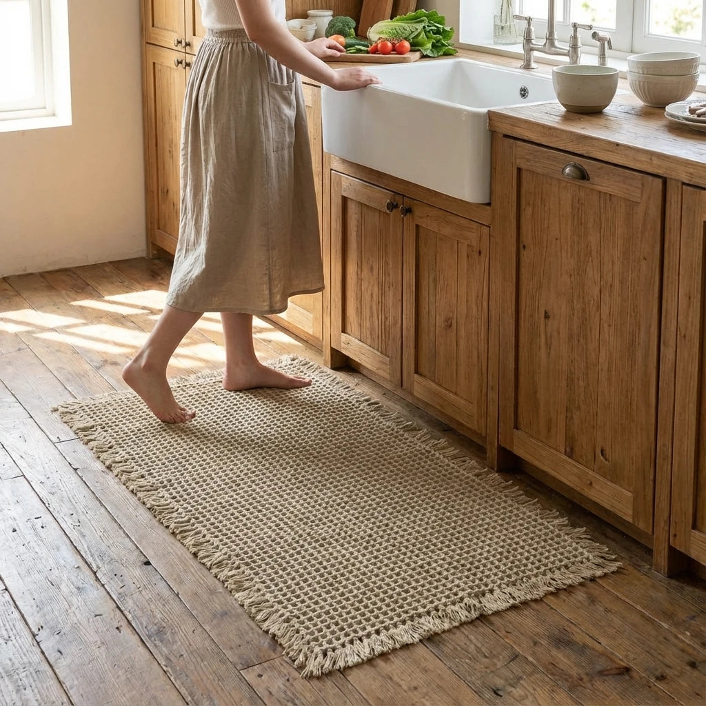 Tapis gaufré kaki devant l'évier de la cuisine