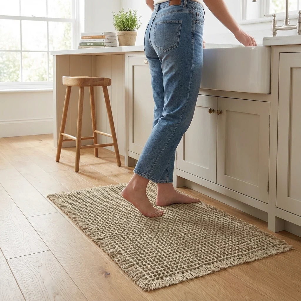 Tapis gaufré kaki dans une cuisine lumineuse