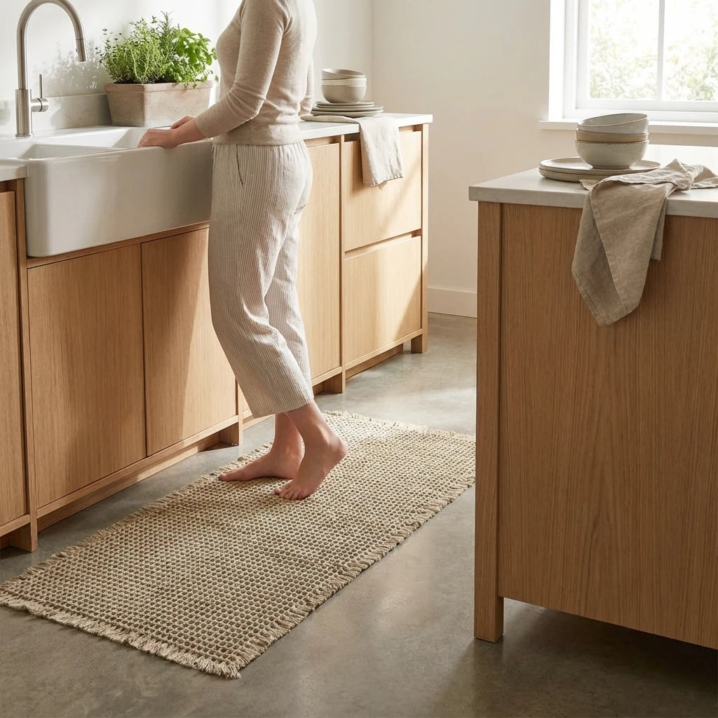 Tapis de bain gaufré kaki en situation, vues multiples
