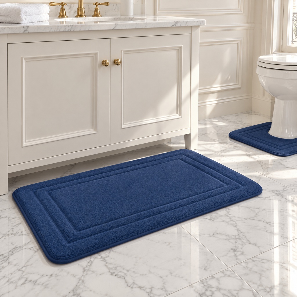 Tapis de bain bleu marine devant le lavabo sur un sol en marbre blanc