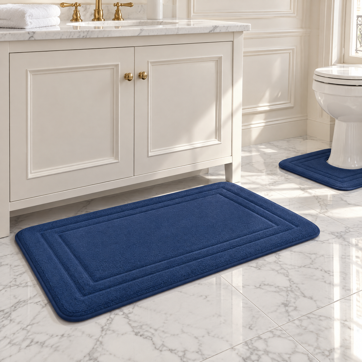 Tapis de bain bleu marine devant le lavabo sur un sol en marbre blanc