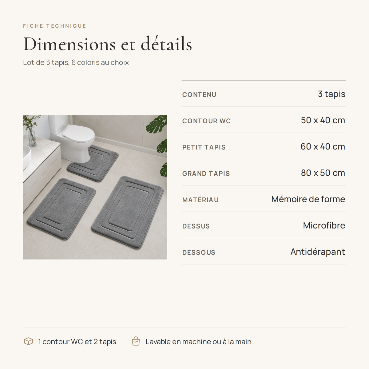 Fiche technique du lot de 3 tapis de bain : contour WC 50 x 40 cm, 60 x 40 cm et 80 x 50 cm