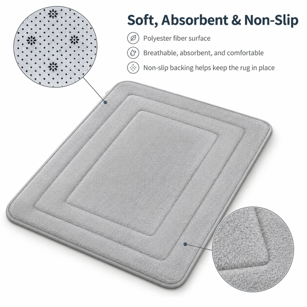 Tapis de bain mémoire de forme gris, surface en fibres douces et dessous antidérapant