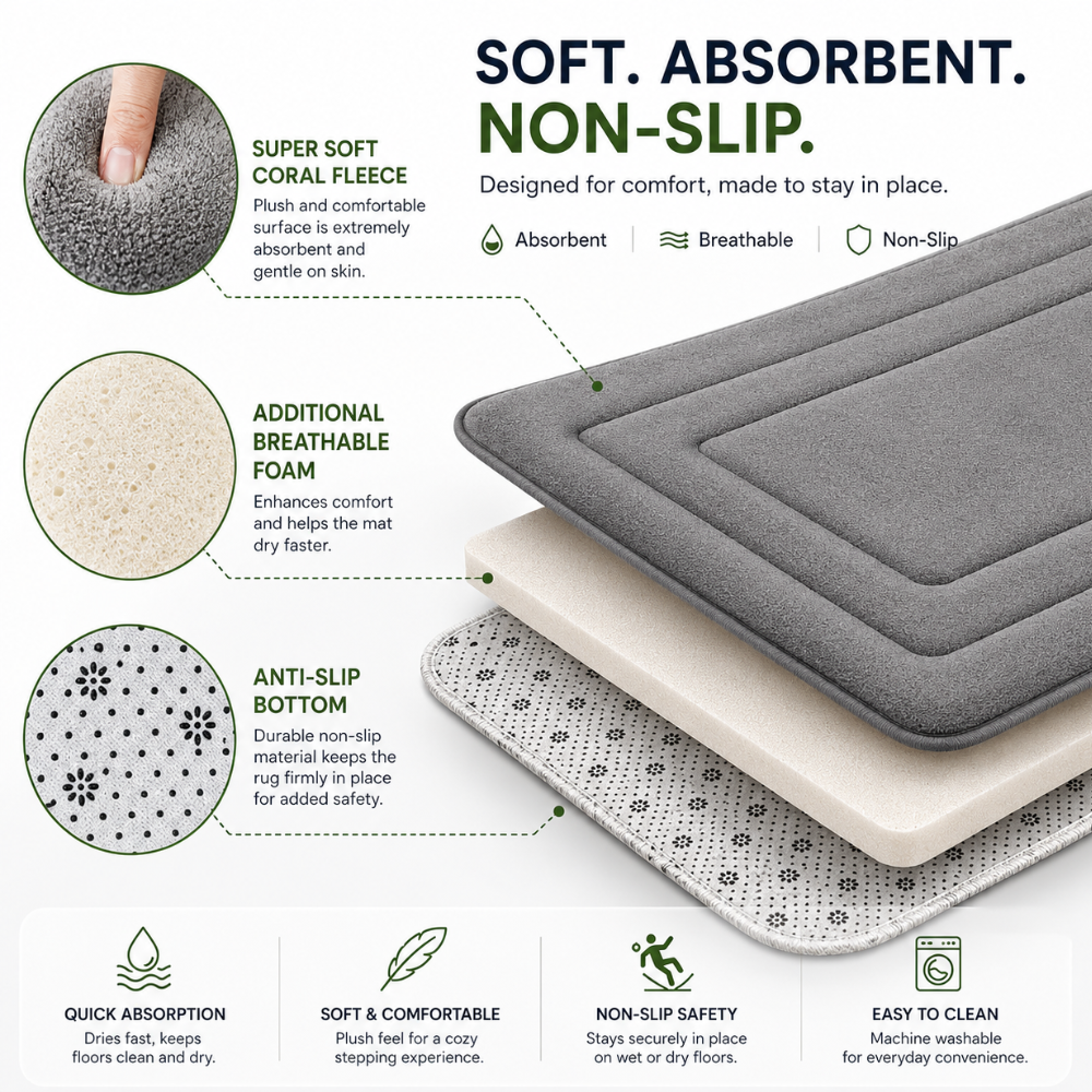 Structure du tapis de bain : dessus doux, mousse et dessous antidérapant