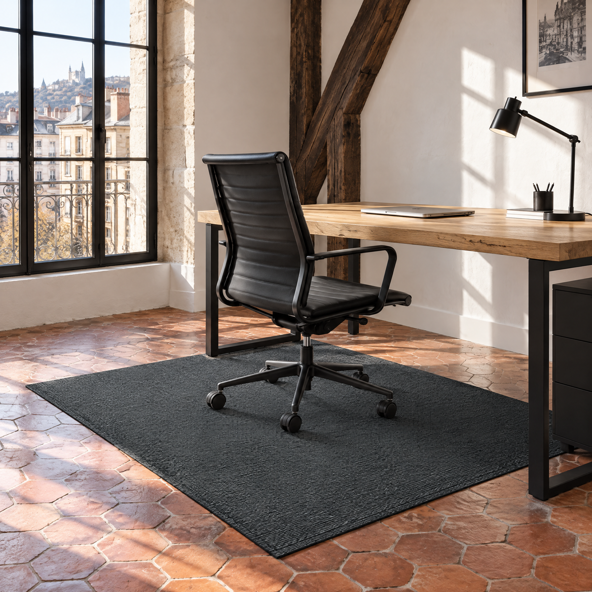 Tapis de chaise de bureau gris foncé devant un bureau en bois dans un loft lumineux