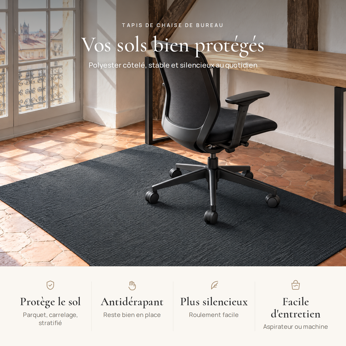 Avantages du tapis de chaise de bureau : protège le sol, antidérapant, silencieux, facile d'entretien