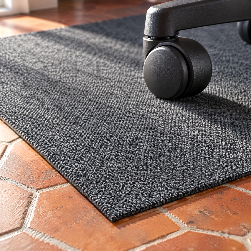 Gros plan sur la texture côtelée en polyester du tapis de chaise de bureau