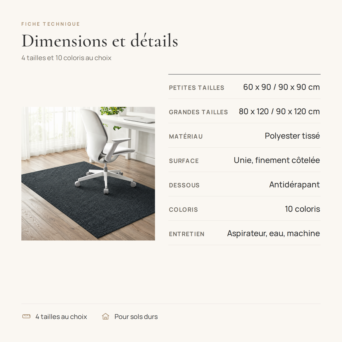Fiche technique du tapis de chaise de bureau : 4 tailles, polyester, dessous antidérapant