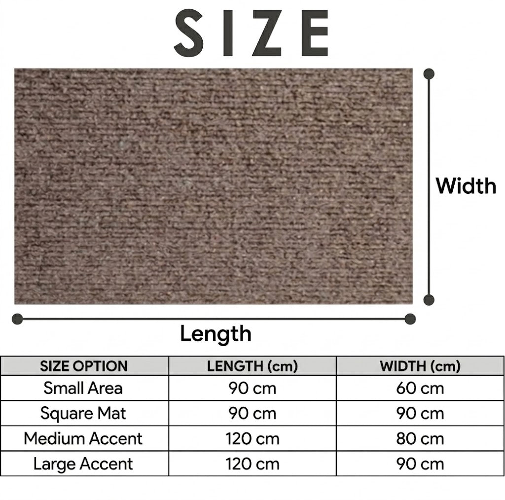 Tableau des tailles du tapis de chaise de bureau : 60 x 90, 90 x 90, 80 x 120 et 90 x 120 cm