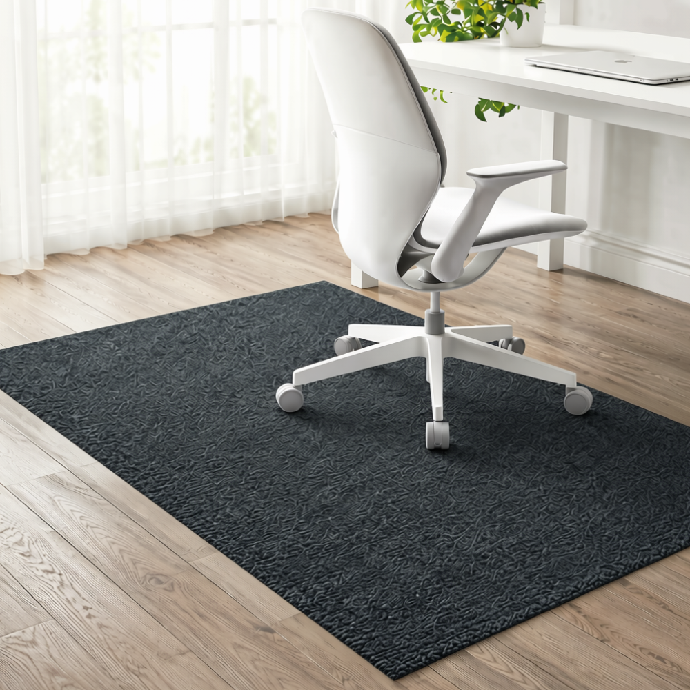 Tapis de chaise de bureau gris foncé sous un fauteuil de bureau blanc